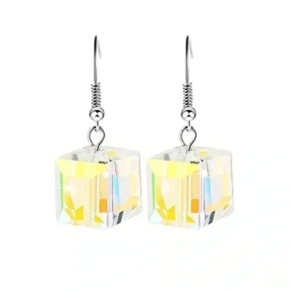 Clear with Yellow Glow Crystal Cube Drop Earrings NWT